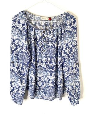 Red Camel Blue White Damask Print Rayon Peasant Blouse Convertible Sleeves